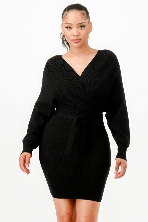 Off Shoulder Wrap Belted Ribbed Sweather Dress Cheap